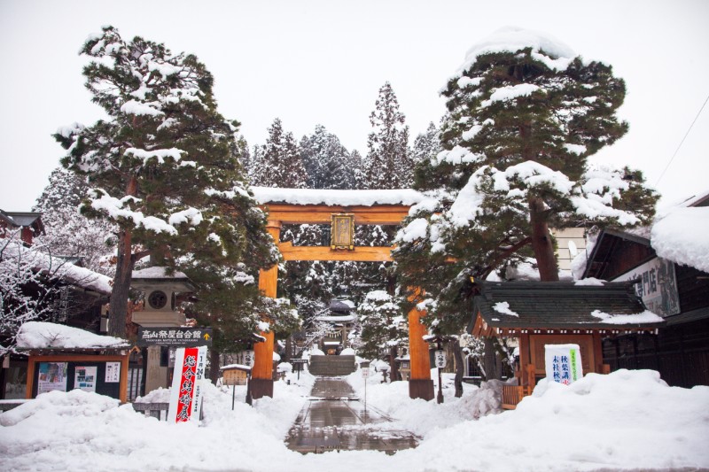 【日本岐阜】飛騨高山櫻山八幡宮・雪中的白色鳥居