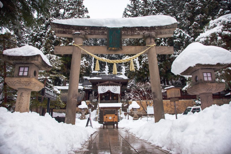 【日本岐阜】飛騨高山櫻山八幡宮・雪中的白色鳥居